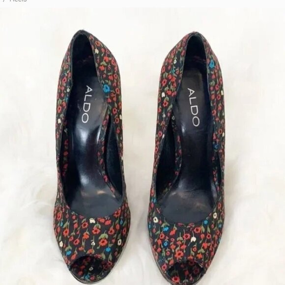 Aldo Red, Blue and Black Floral Poppy Peep Toe Heels 35 5 - Picture 4 of 8